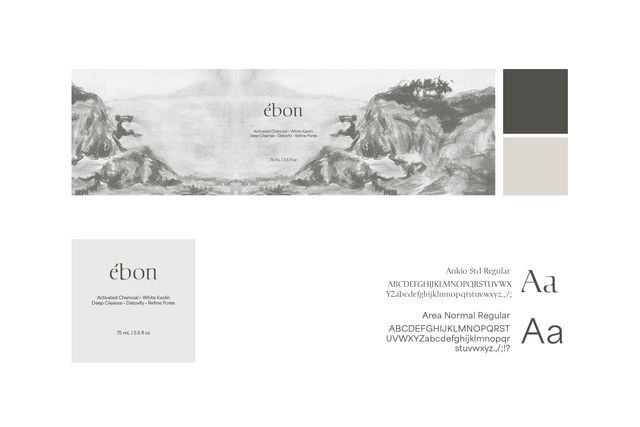 Ébon packaging identity board showing the charcoal illustration, color palette, and typography.