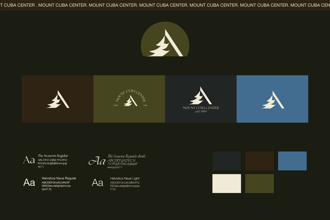 Mt. Cuba Center identity board featuring the primary mark, color palette, and typography.