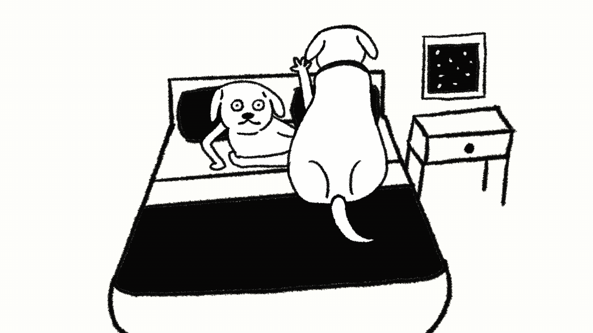 Animated development study of two hand-drawn dogs in a bedroom.