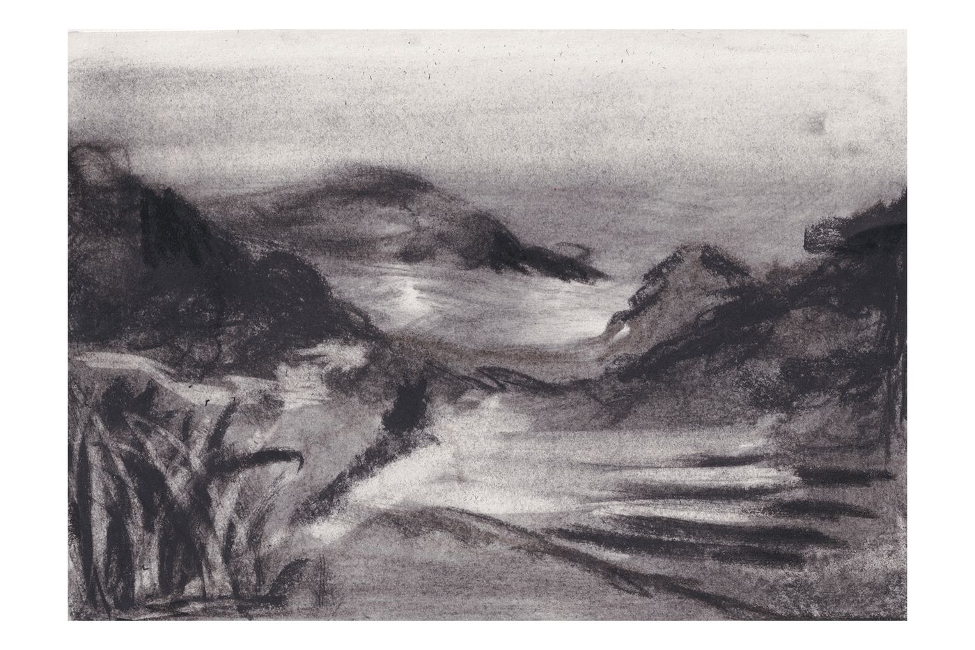 Charcoal landscape drawing titled Dorset Landscape