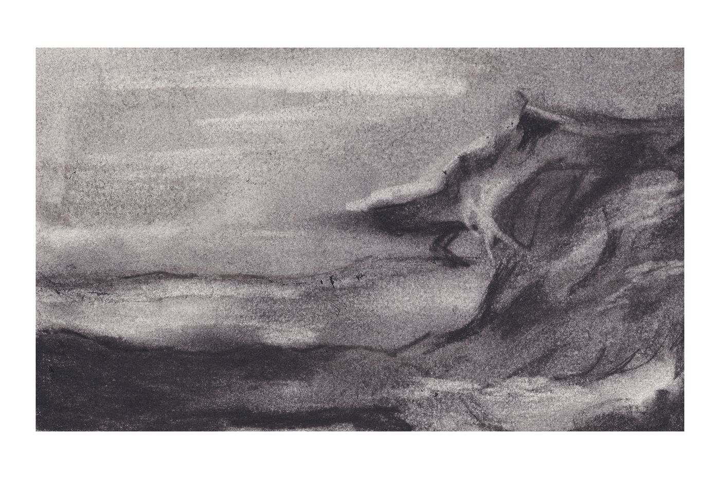 Charcoal landscape drawing titled Here and There.