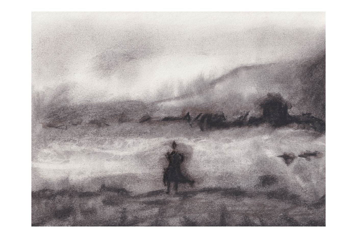 Charcoal landscape drawing titled I Have Been Here Before.