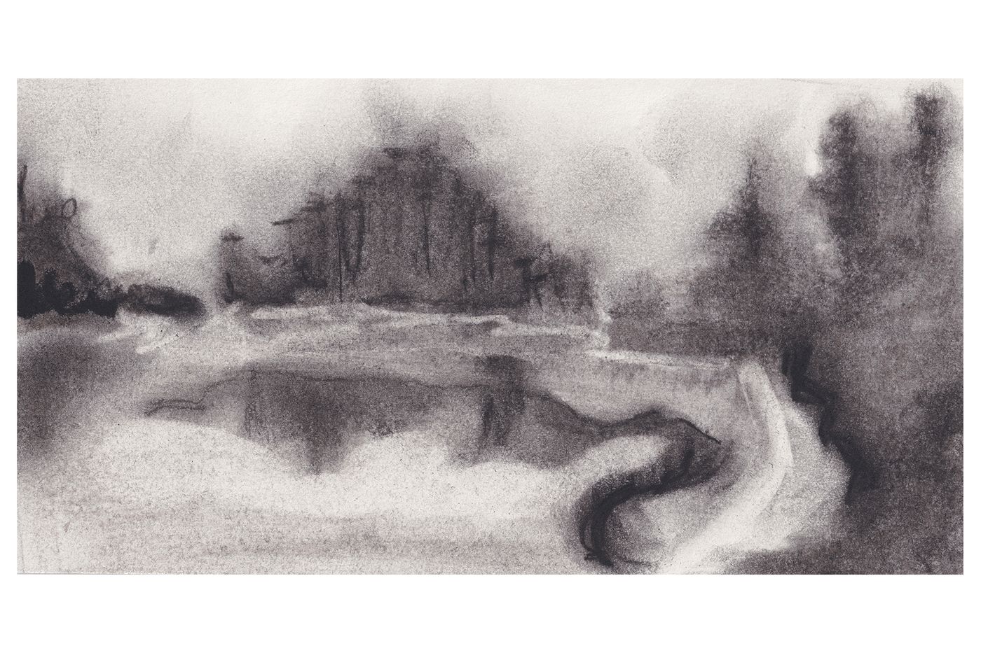 Charcoal landscape drawing titled Reflection.