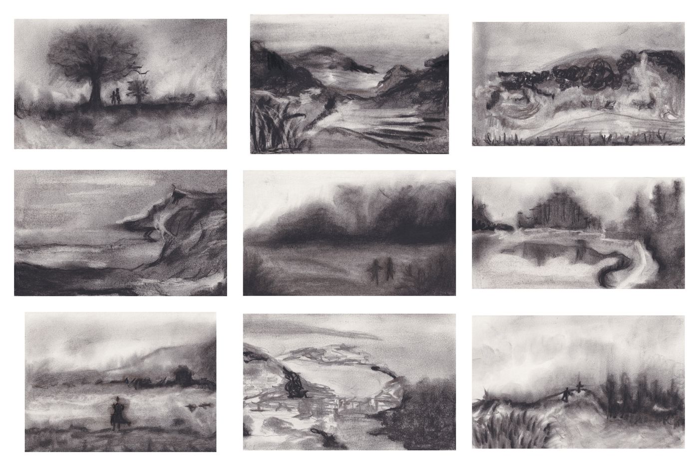 Nine charcoal landscape drawings from Untitled Series arranged in a three-by-three grid.