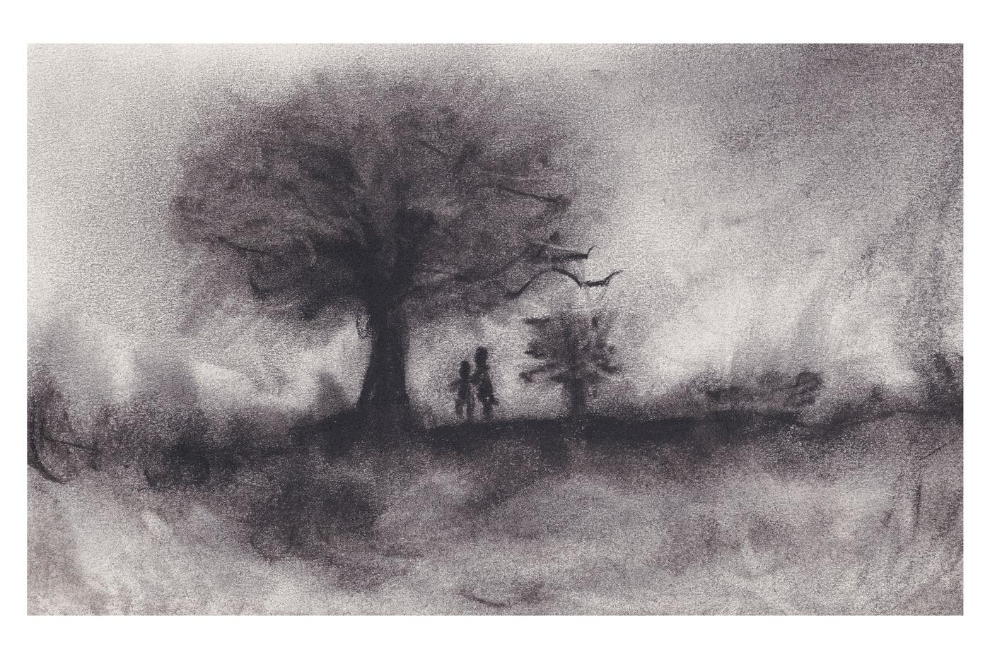 Charcoal landscape drawing titled Do the Small Trees Look Up to the Big Trees the Same Way I Look Up to You?