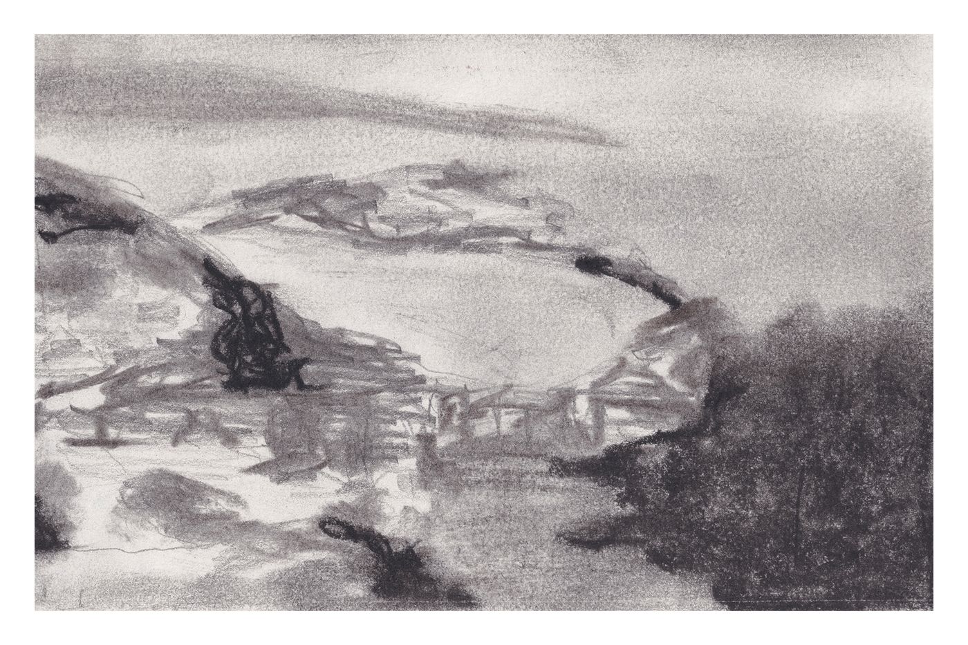 Charcoal landscape drawing titled View from Above.