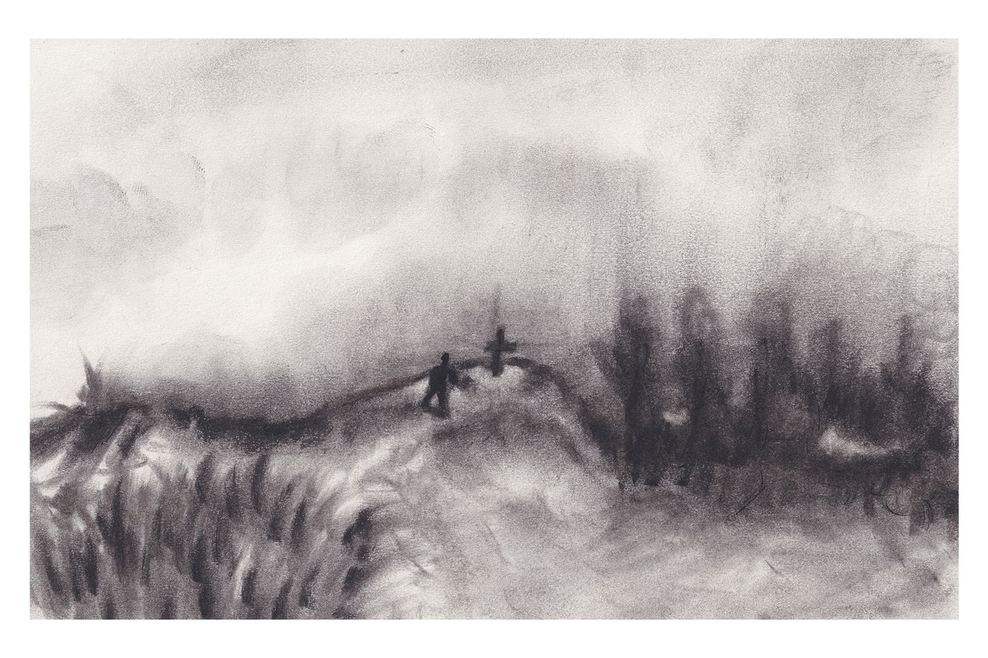 Charcoal landscape drawing titled Where Do I Stand?